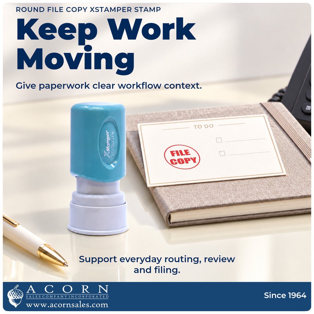 Office workflow showing where the "File copy" stamp marks documents