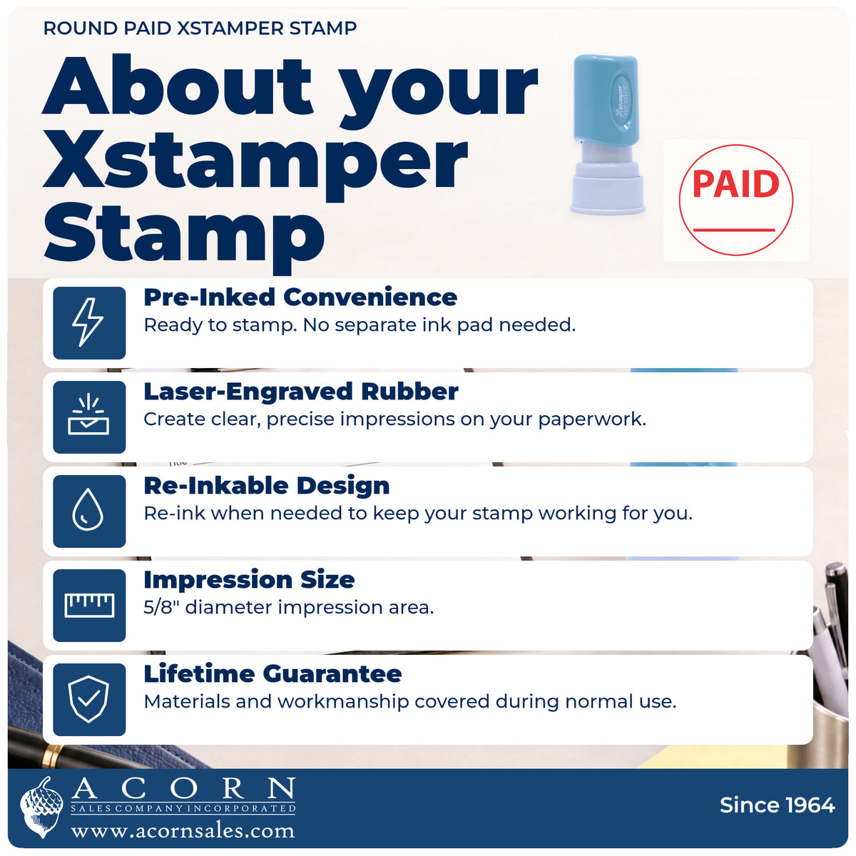 About your Paid Stamp For Invoices – Round Pre-Inked Xstamper: Xstamper 11415 pre-inked stock stamp facts