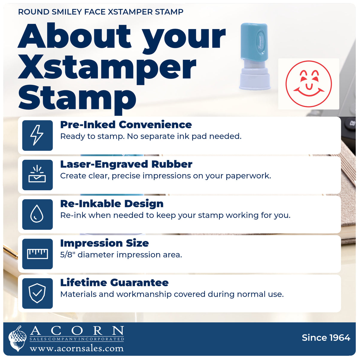 About your Round Red Smiley Face Teacher Stamp: Xstamper 11303 pre-inked stock stamp facts