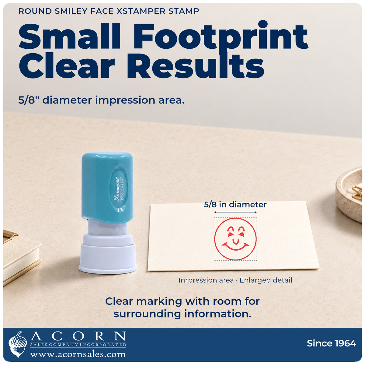 Impression size guide: the "Smiley face" imprint measures 5/8 in diameter