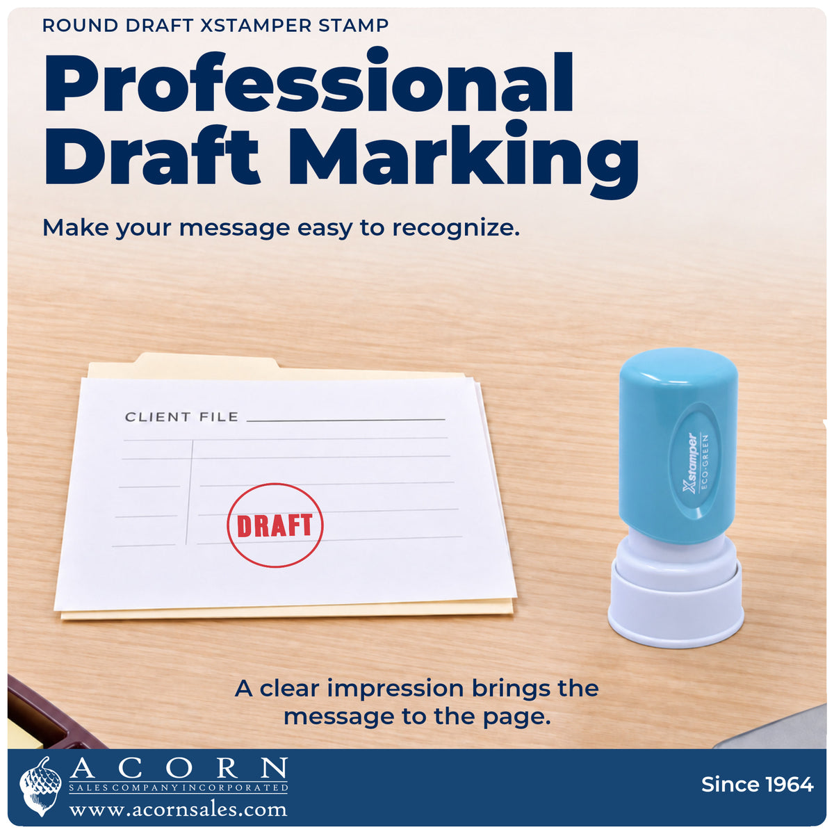"Draft" imprint on office paperwork beside the Round Draft Stamp