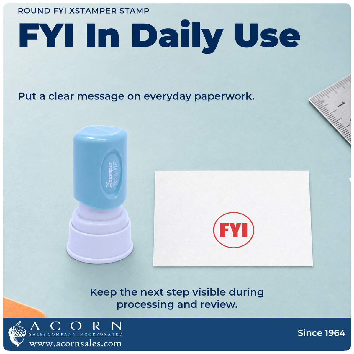 FYI Office Stamp – Round Pre-Inked Xstamper being pressed to leave an imprint reading "FYI"
