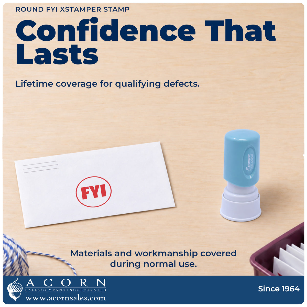 Lifetime guarantee graphic shown with the FYI Office Stamp – Round Pre-Inked Xstamper from Acorn Sales