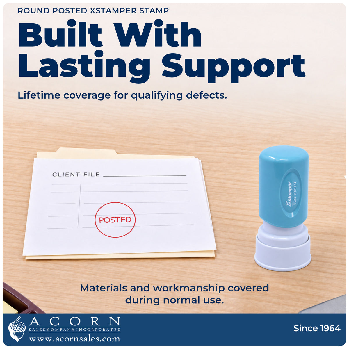 Lifetime guarantee graphic shown with the Xstamper Posted Office Stamp – Round Pre-Inked from Acorn Sales