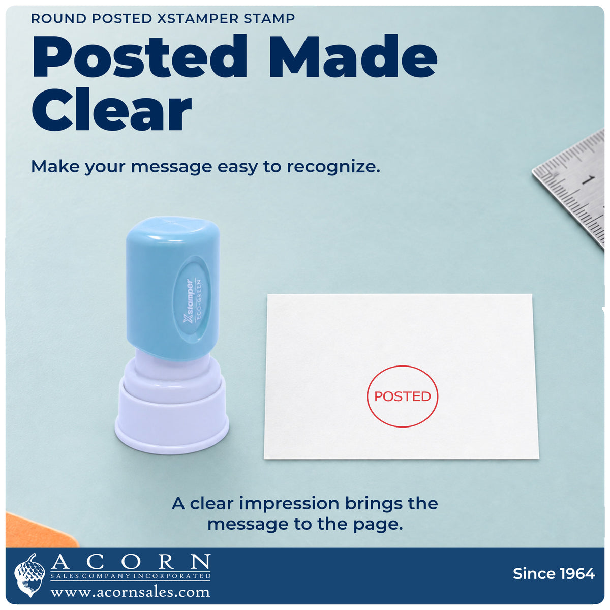 "Posted" imprint on office paperwork beside the Xstamper Posted Office Stamp – Round Pre-Inked