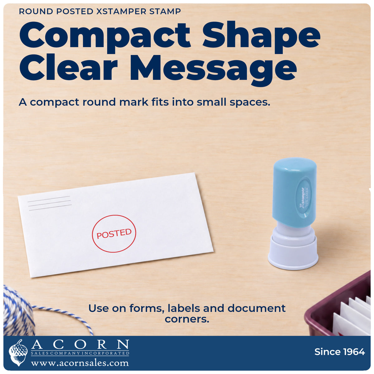 Features of the Xstamper Posted Office Stamp – Round Pre-Inked: pre-inked Xstamper 11363, 5/8 in diameter imprint