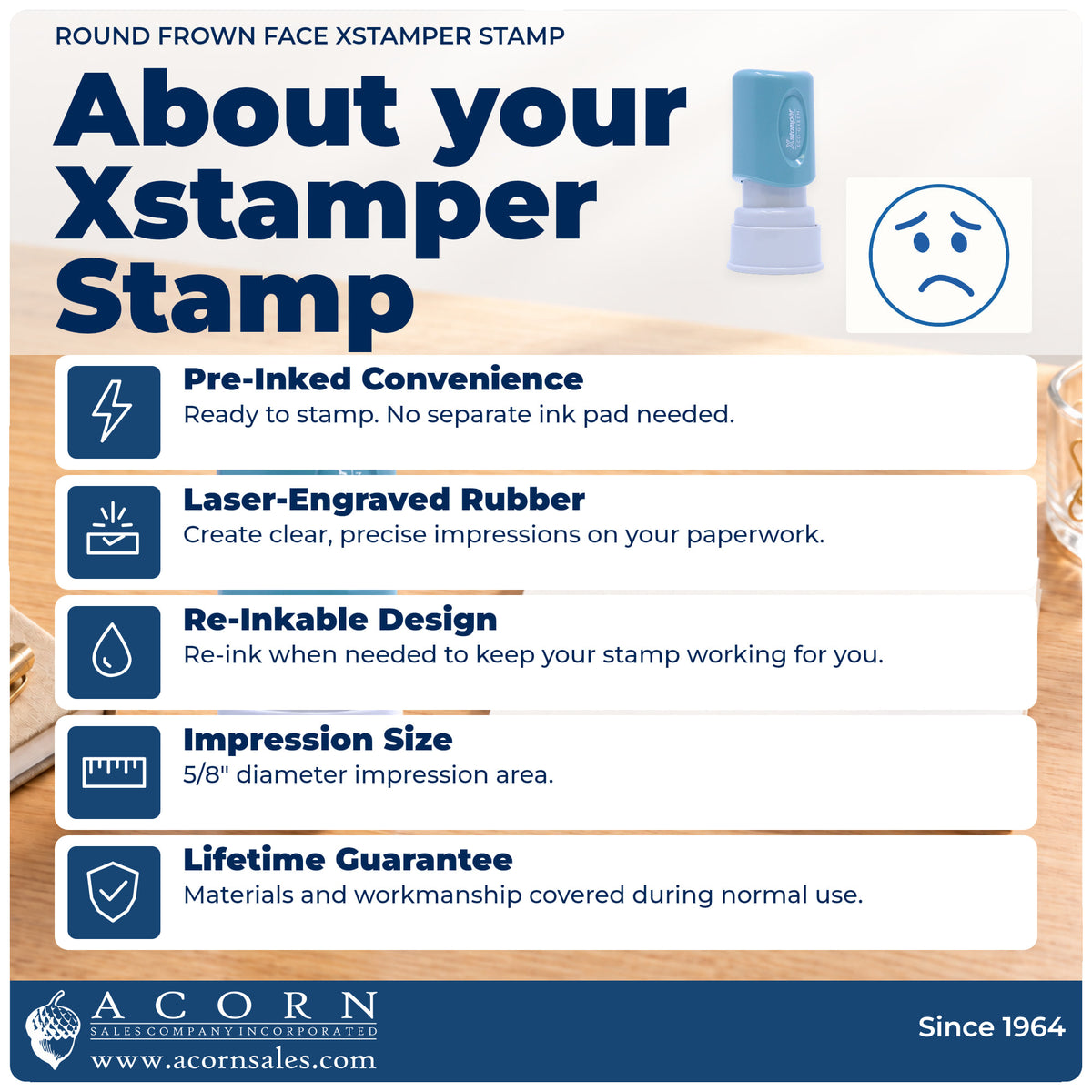 About your Round Frown Face Stamp: Xstamper 11305 pre-inked stock stamp facts
