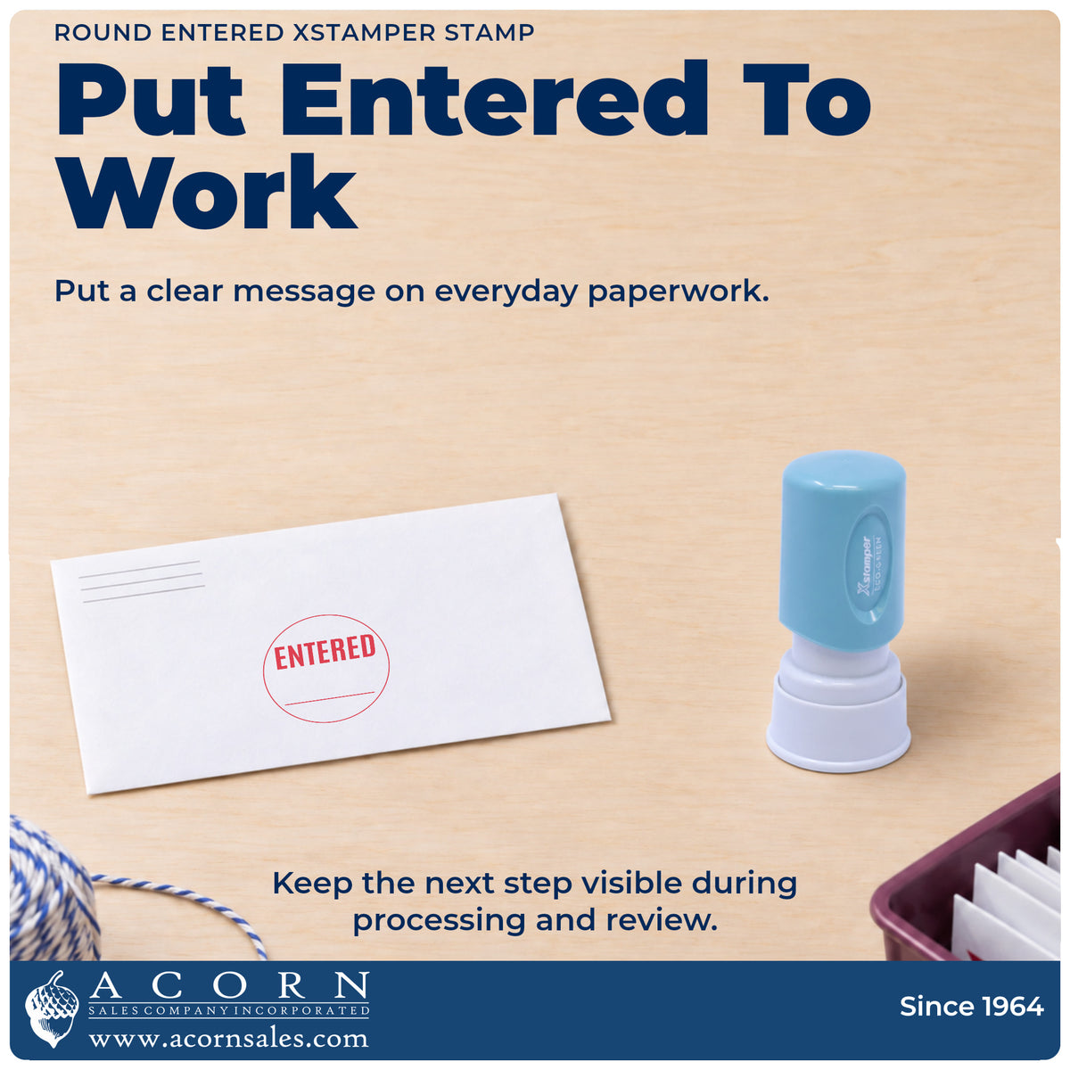 Entered Stamp For Data Entry Records – Round Pre-Inked Xstamper being pressed to leave an imprint reading "Entered"