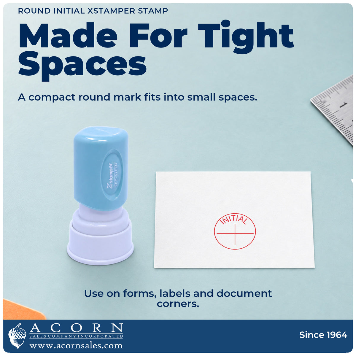 Features of the Round Initial Instruction Stamp: pre-inked Xstamper 11414, 5/8 in diameter imprint