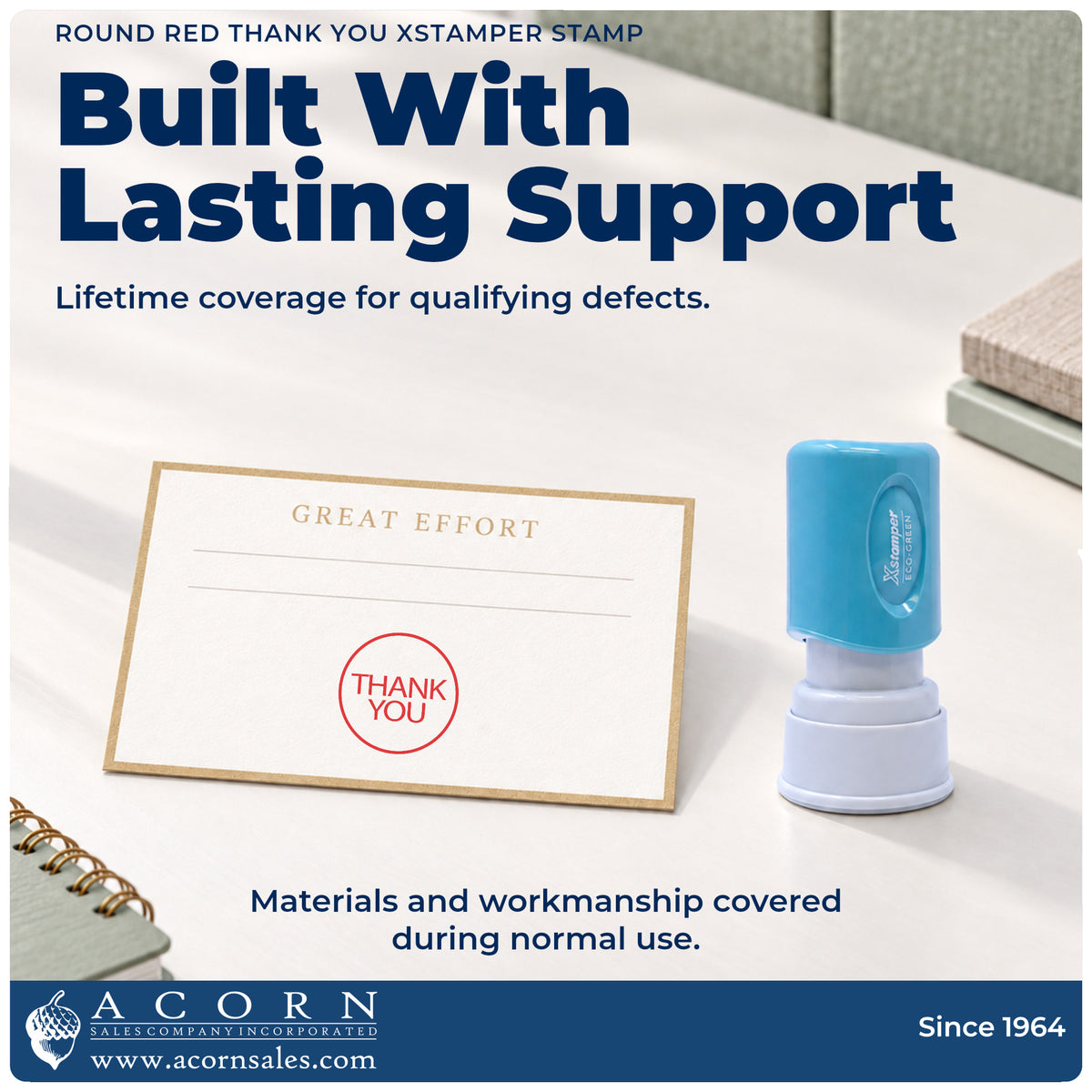 Lifetime guarantee graphic shown with the Xstamper Thank You Appreciation Stamp – Round Red Pre-Inked from Acorn Sales