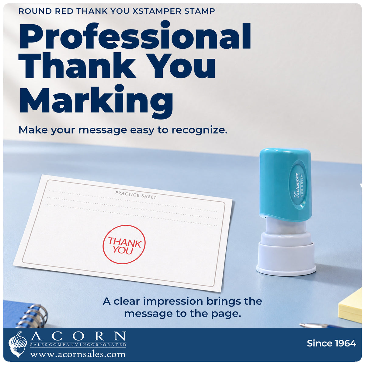 "Thank you" imprint on office paperwork beside the Xstamper Thank You Appreciation Stamp – Round Red Pre-Inked