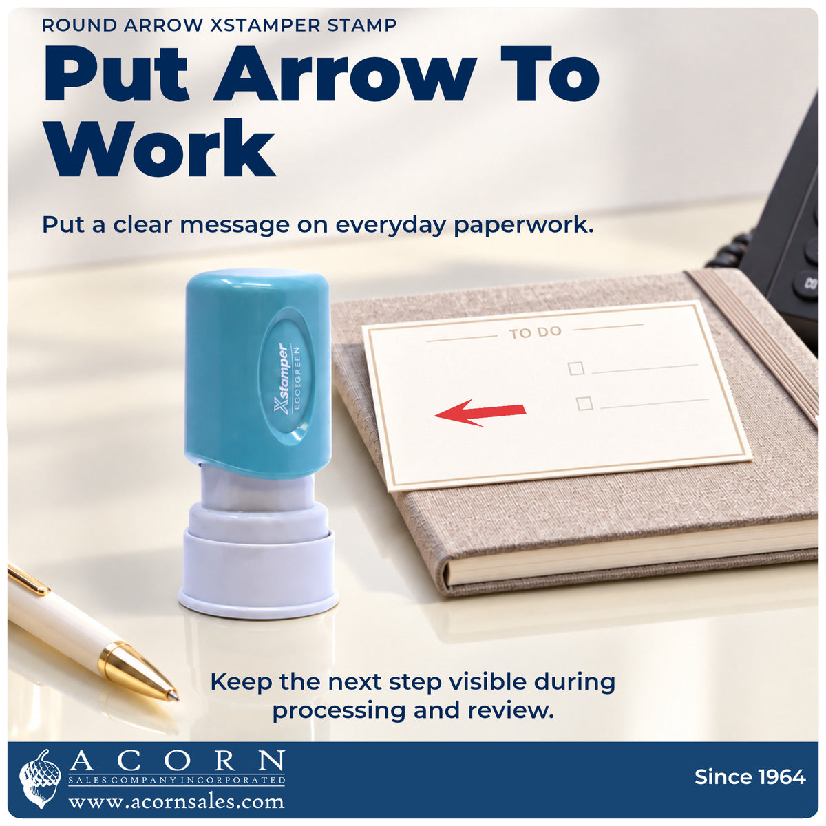 Arrow Stamp For Schoolwork – Round Pre-Inked Xstamper being pressed to leave an imprint reading "Arrow"