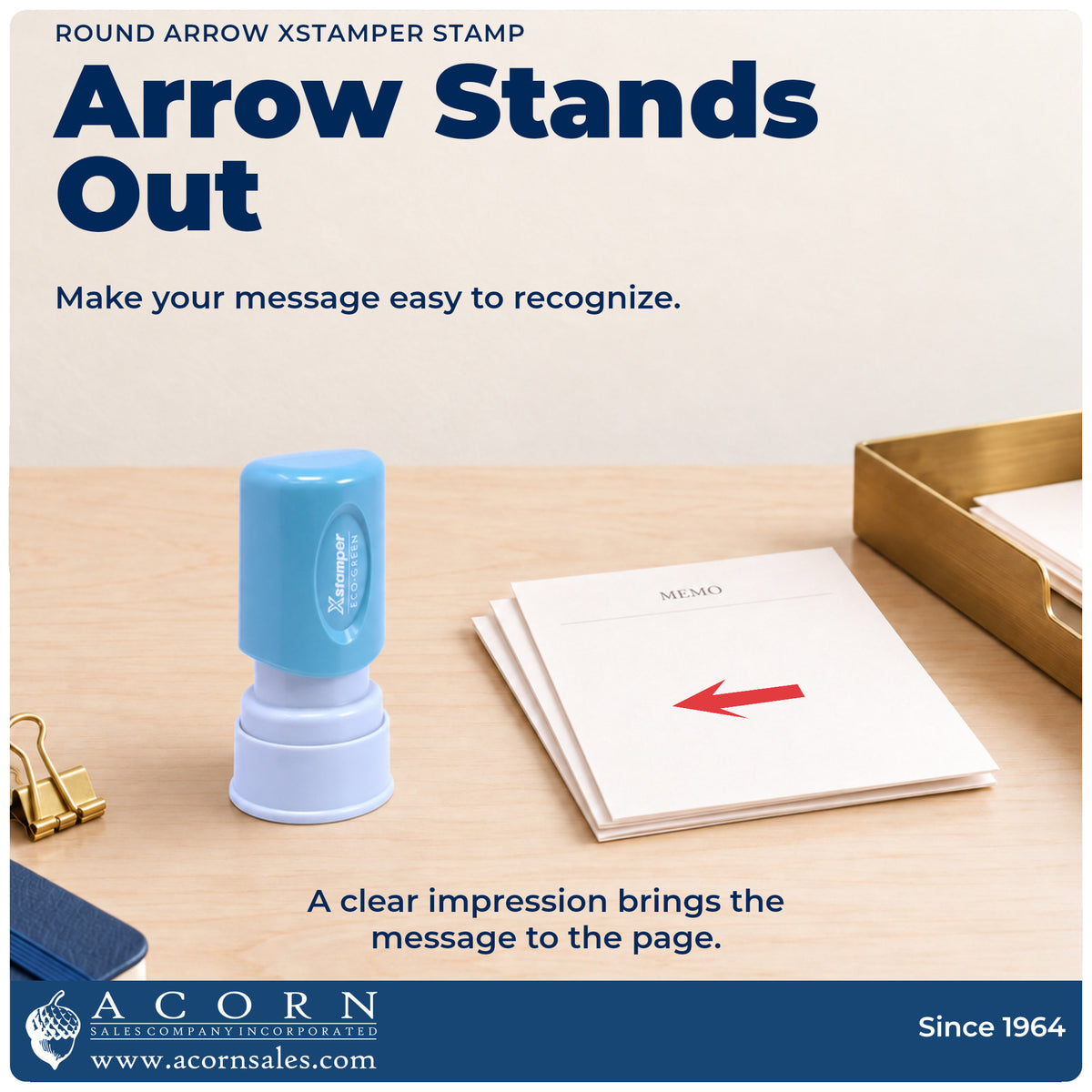 "Arrow" imprint on office paperwork beside the Arrow Stamp For Schoolwork – Round Pre-Inked Xstamper