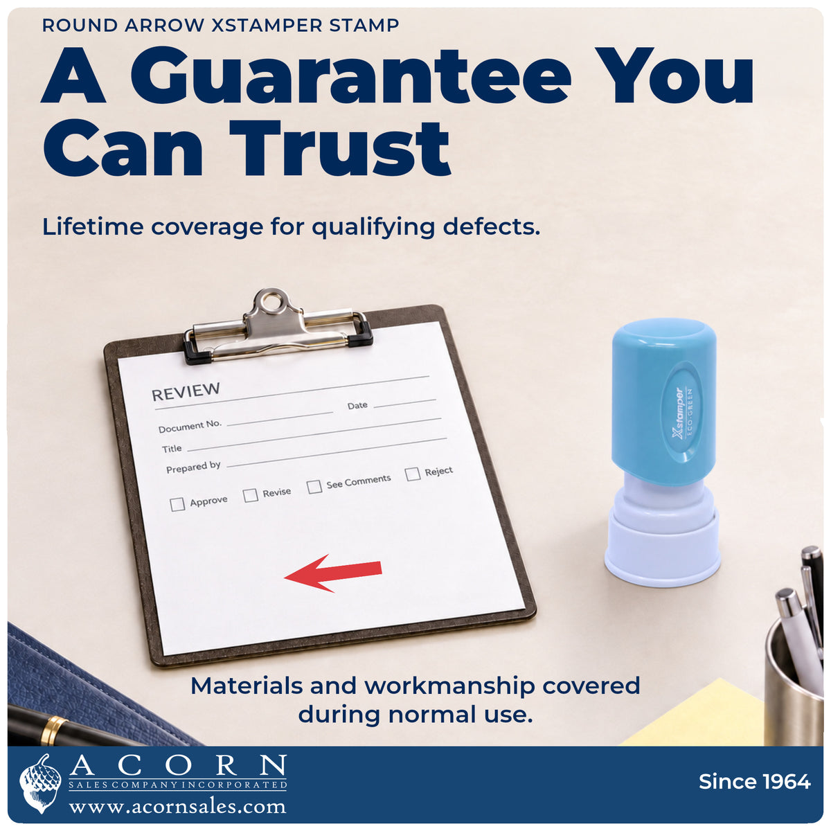 Lifetime guarantee graphic shown with the Arrow Stamp For Schoolwork – Round Pre-Inked Xstamper from Acorn Sales