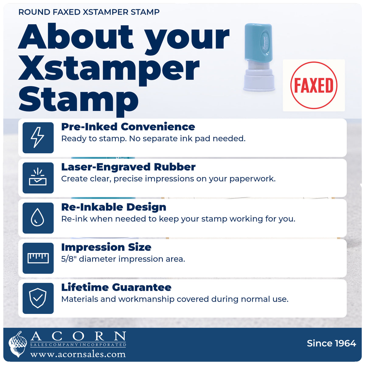 About your Xstamper Faxed Record Stamp – Round Pre-Inked: Xstamper 11409 pre-inked stock stamp facts