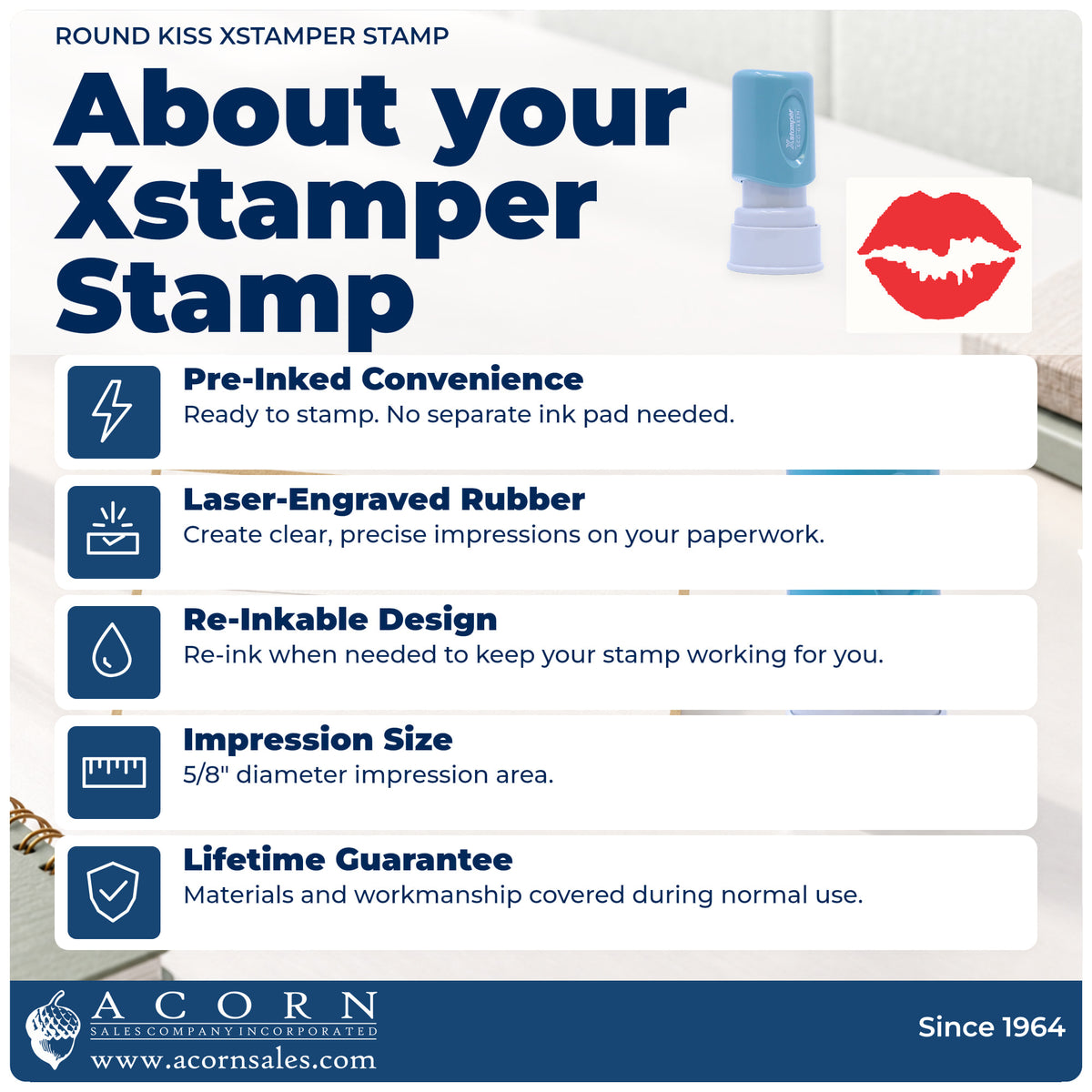 About your Kiss Stamp – Round Pre-Inked Xstamper: Xstamper 11307 pre-inked stock stamp facts
