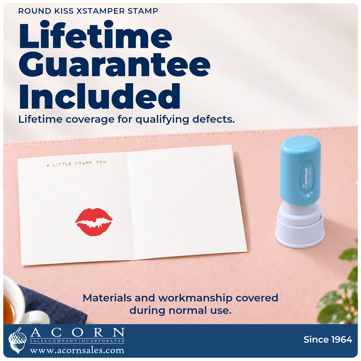 Lifetime guarantee graphic shown with the Kiss Stamp – Round Pre-Inked Xstamper from Acorn Sales