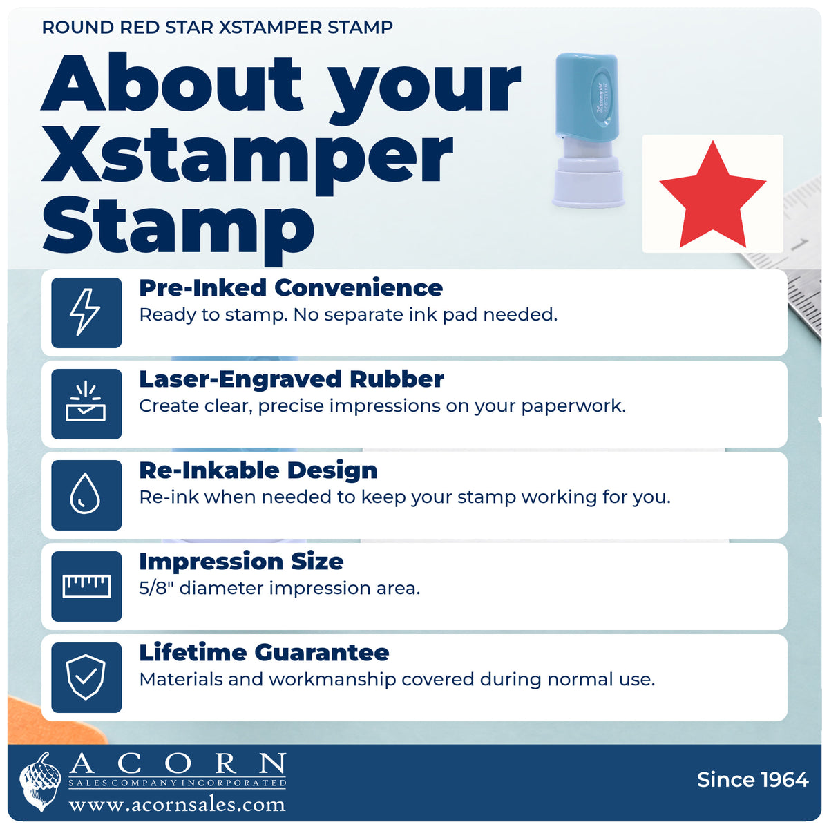 About your Star Stamp – Round Red Pre-Inked Xstamper: Xstamper 11309 pre-inked stock stamp facts