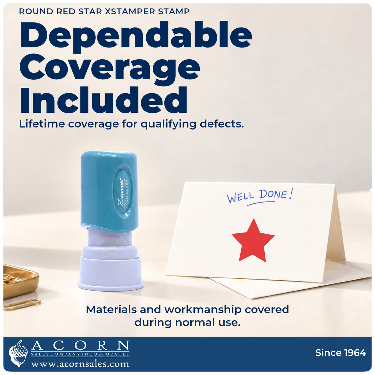 Lifetime guarantee graphic shown with the Star Stamp – Round Red Pre-Inked Xstamper from Acorn Sales