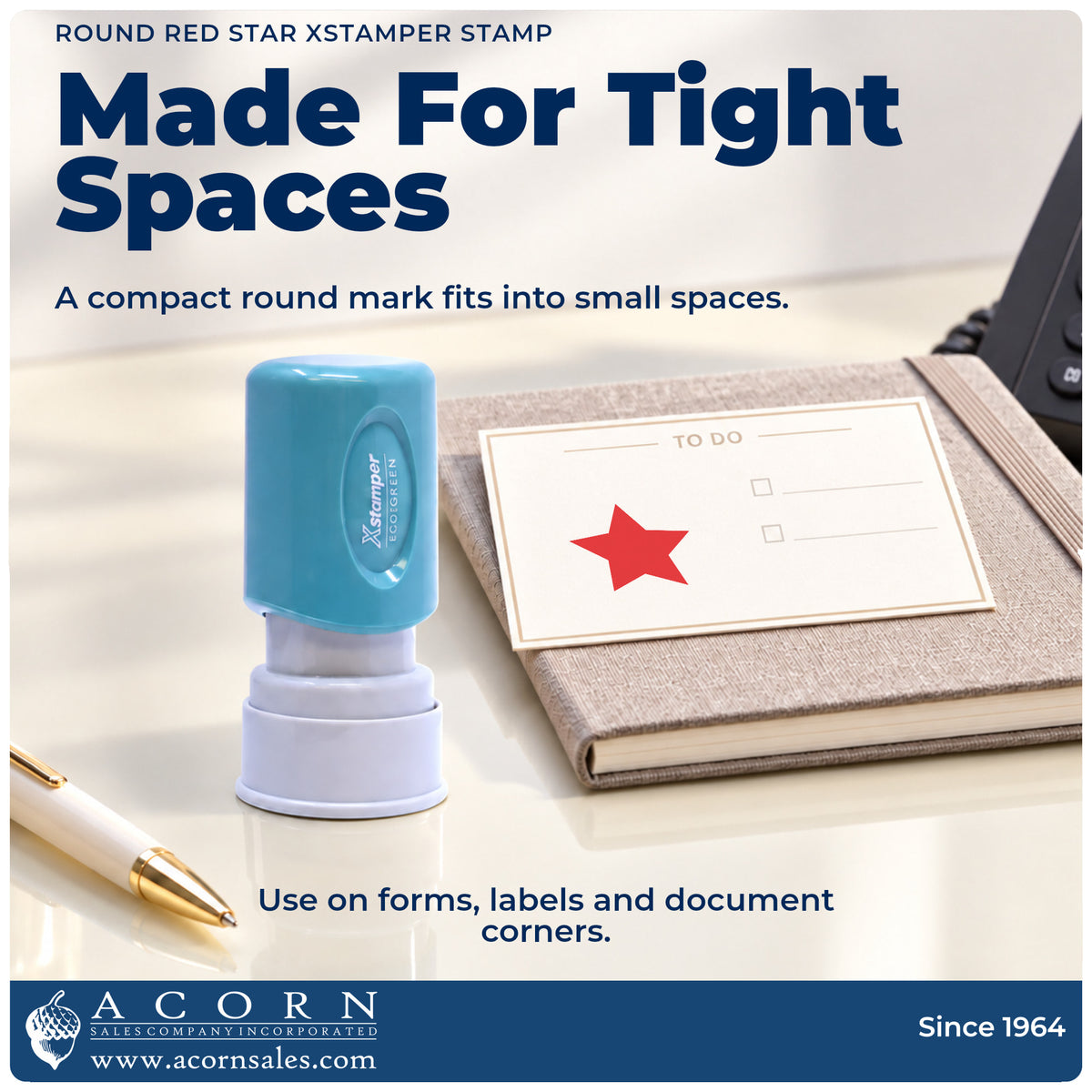 Features of the Star Stamp – Round Red Pre-Inked Xstamper: pre-inked Xstamper 11309, 5/8 in diameter imprint
