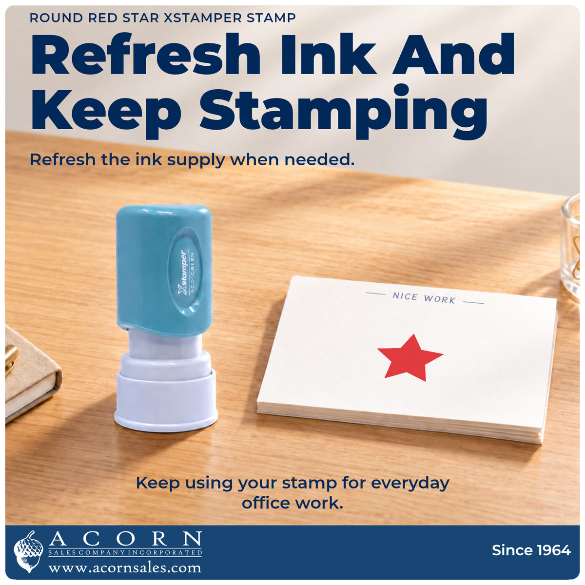 Re-inkable pre-inked build of the Star Stamp – Round Red Pre-Inked Xstamper shown in detail