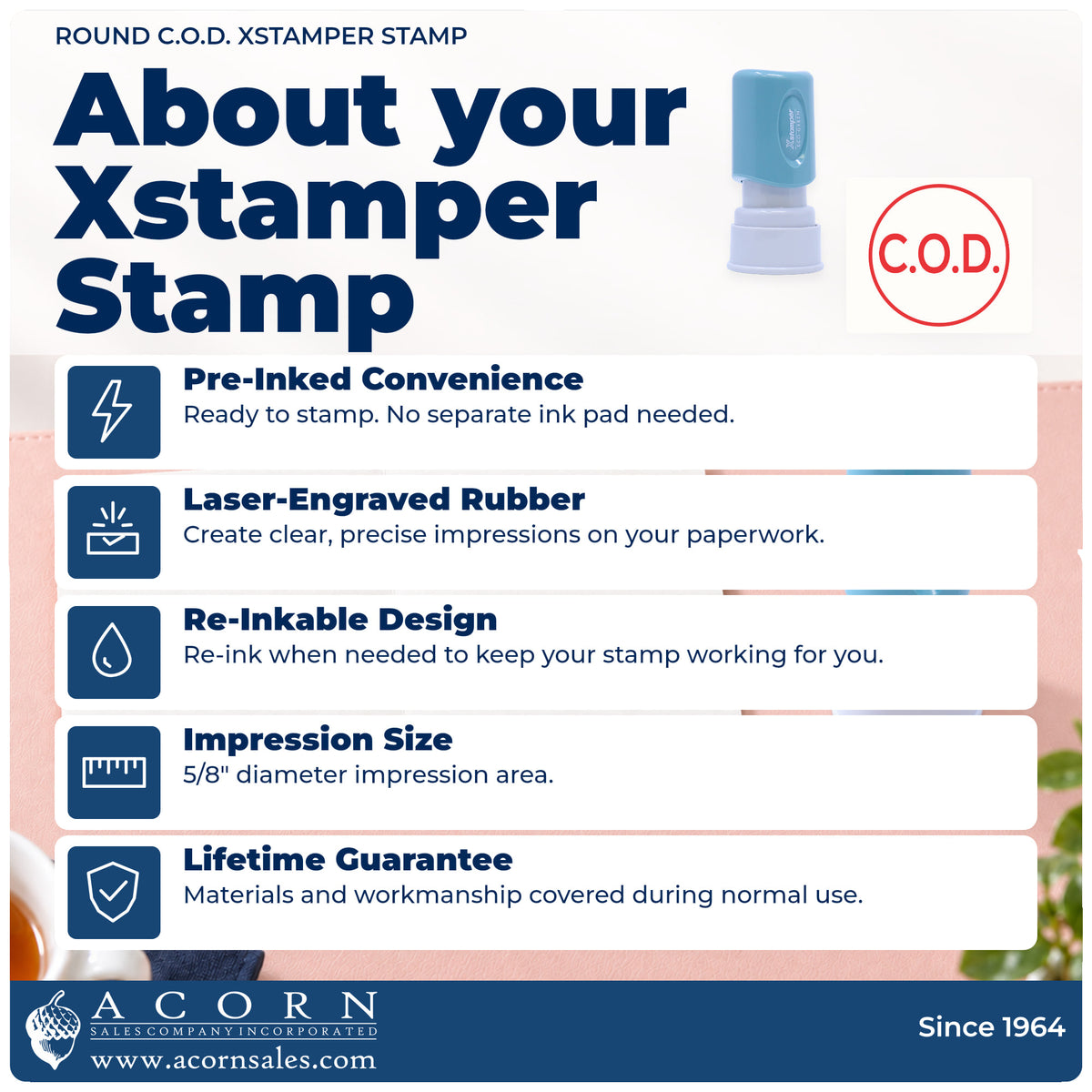 About your Round C.O.D. Delivery Stamp: Xstamper 11406 pre-inked stock stamp facts