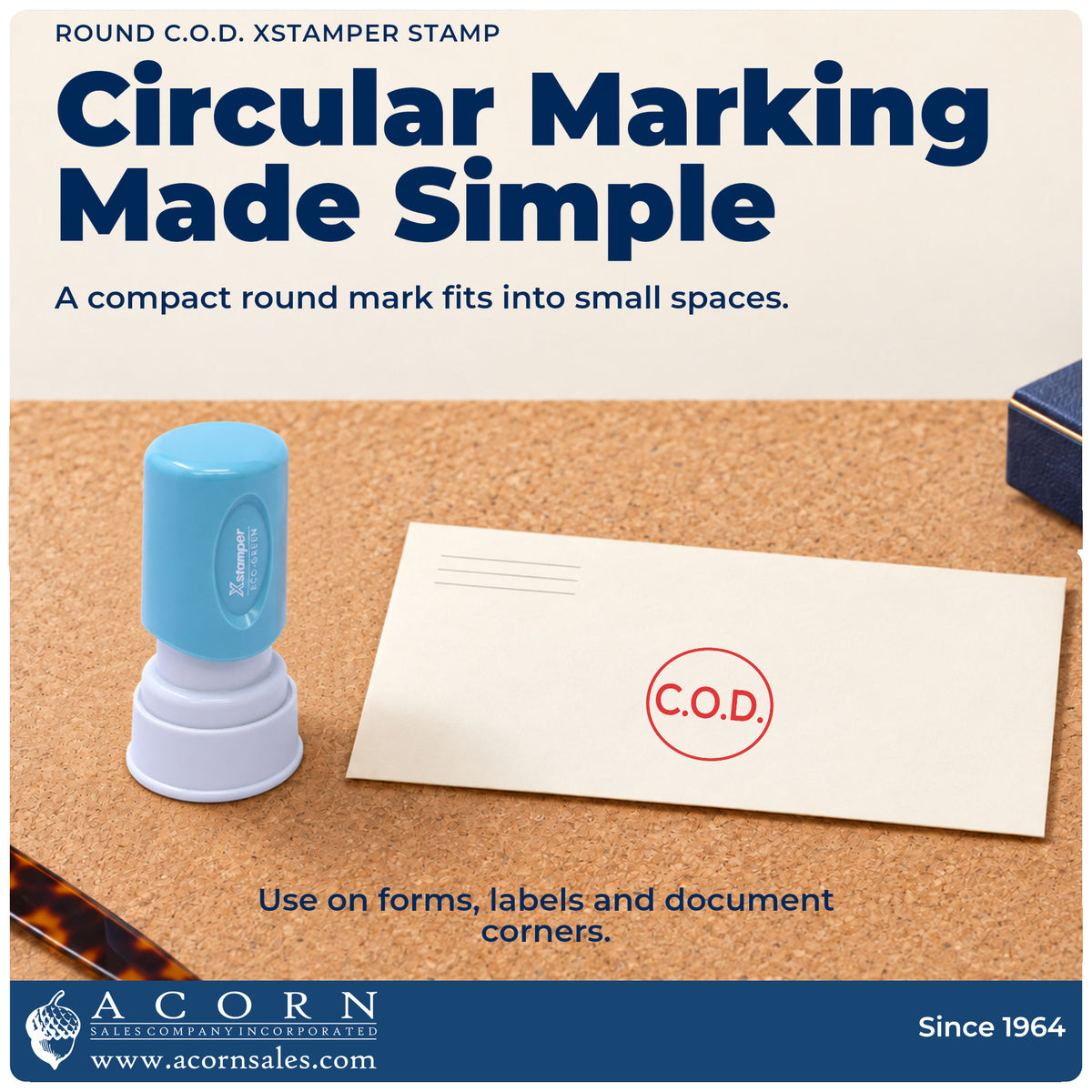 Features of the Round C.O.D. Delivery Stamp: pre-inked Xstamper 11406, 5/8 in diameter imprint