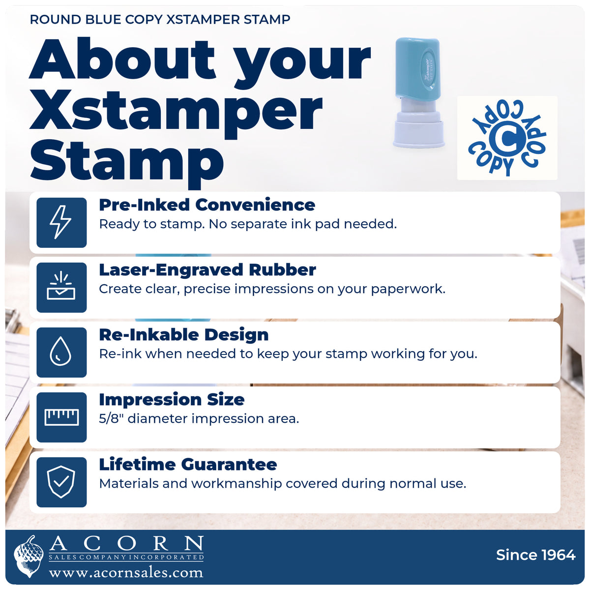 About your Round Blue Copy Document Stamp: Xstamper 11422 pre-inked stock stamp facts