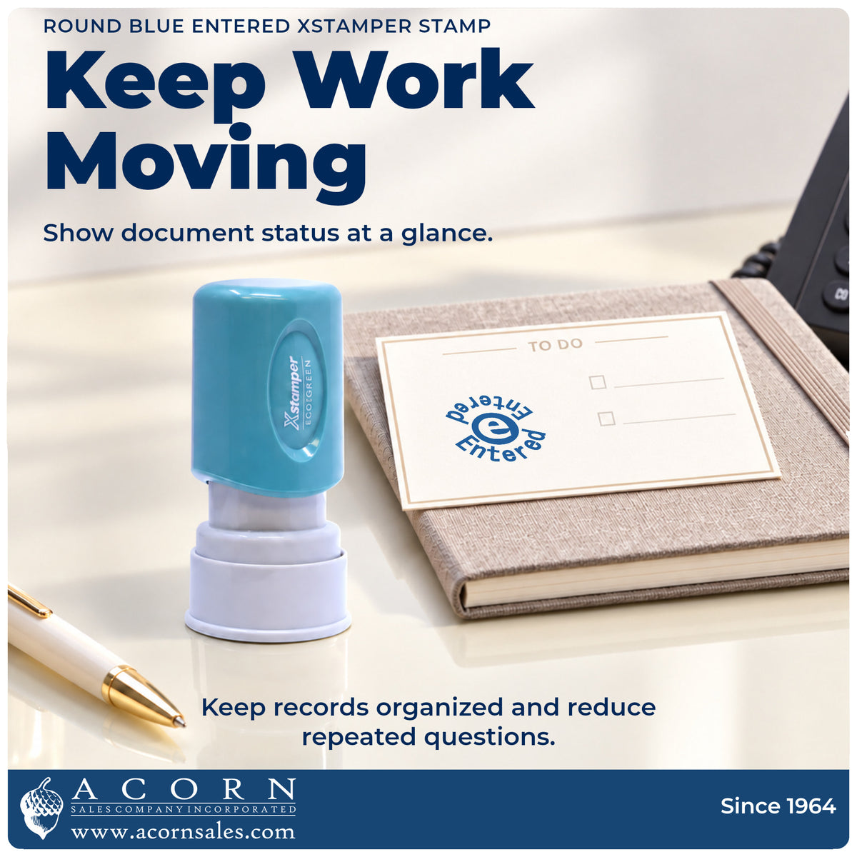 Office workflow showing where the "Entered" stamp marks documents