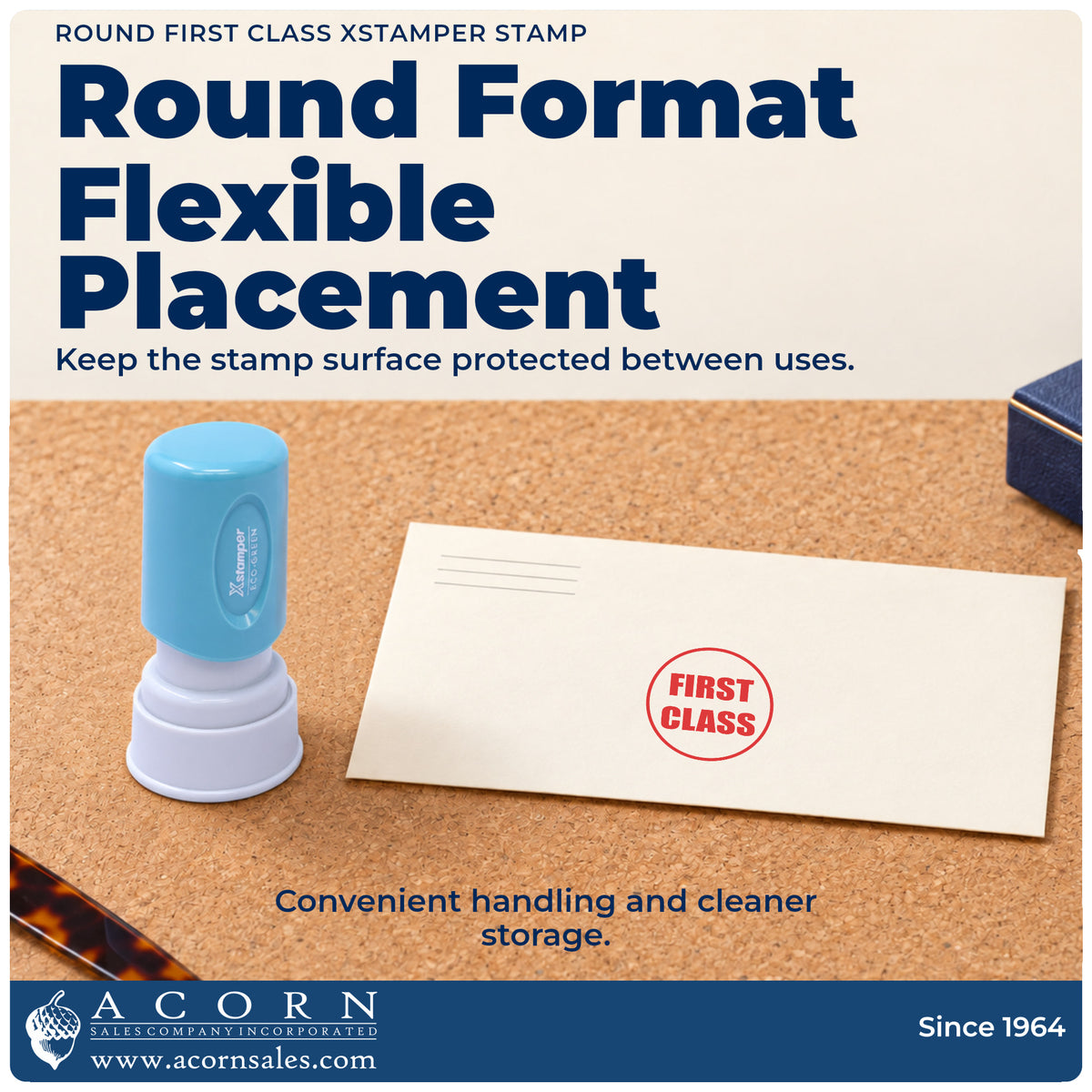 Features of the First Class Stamp – Round Pre-Inked Xstamper: pre-inked Xstamper 11412, 5/8 in diameter imprint