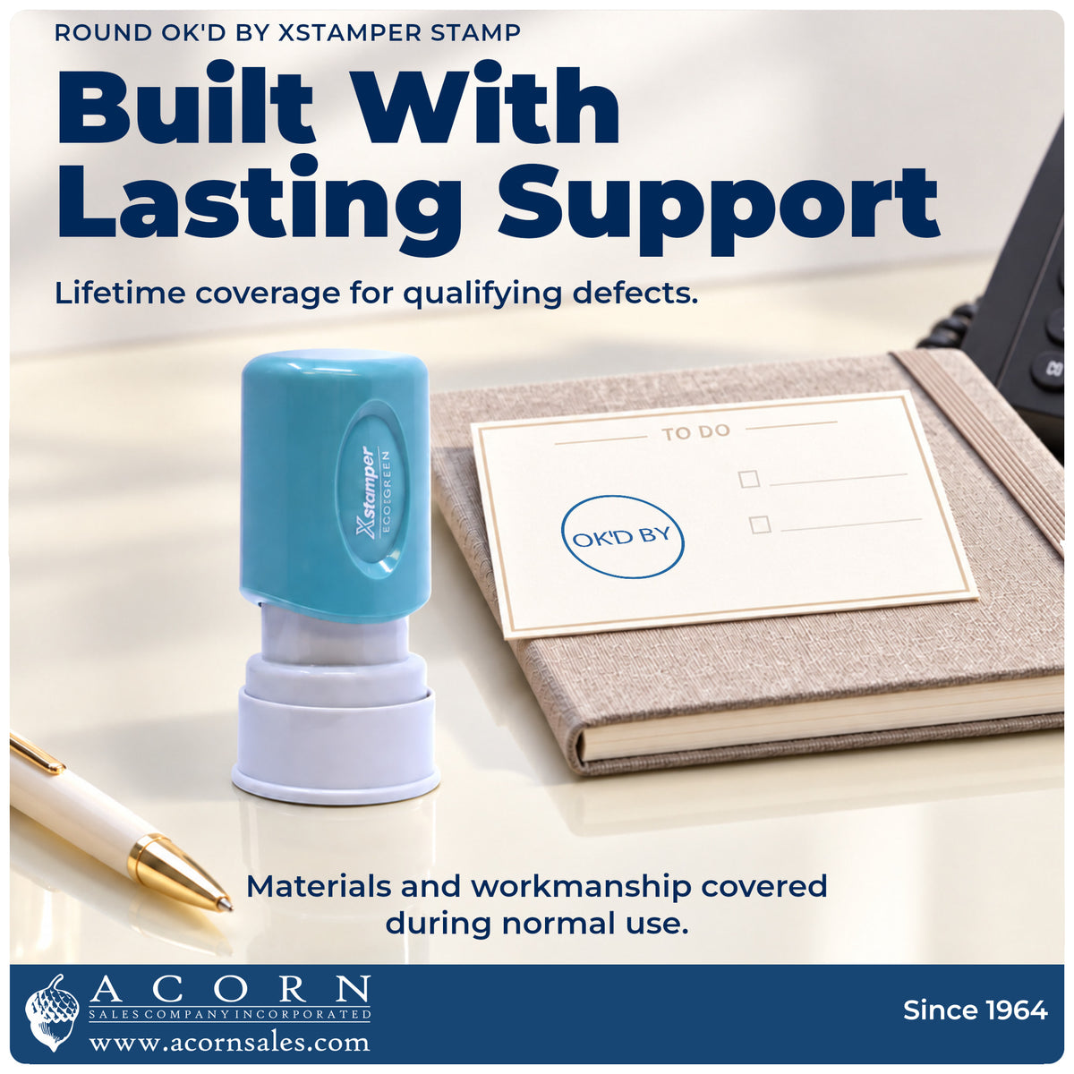 Lifetime guarantee graphic shown with the Xstamper OK'd By Approval Stamp – Round Pre-Inked from Acorn Sales