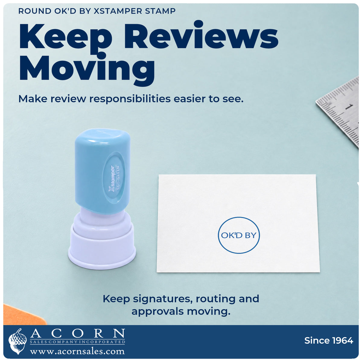 Office workflow showing where the "OK'd by" stamp marks documents