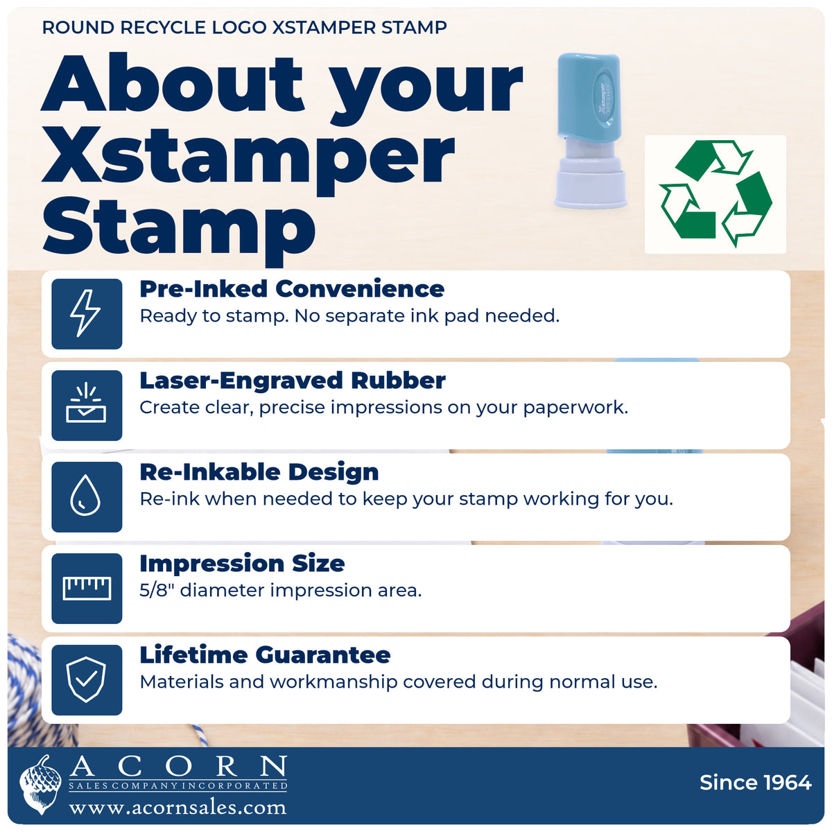 About your Round Recycle Logo Stamp: Xstamper 11417 pre-inked stock stamp facts
