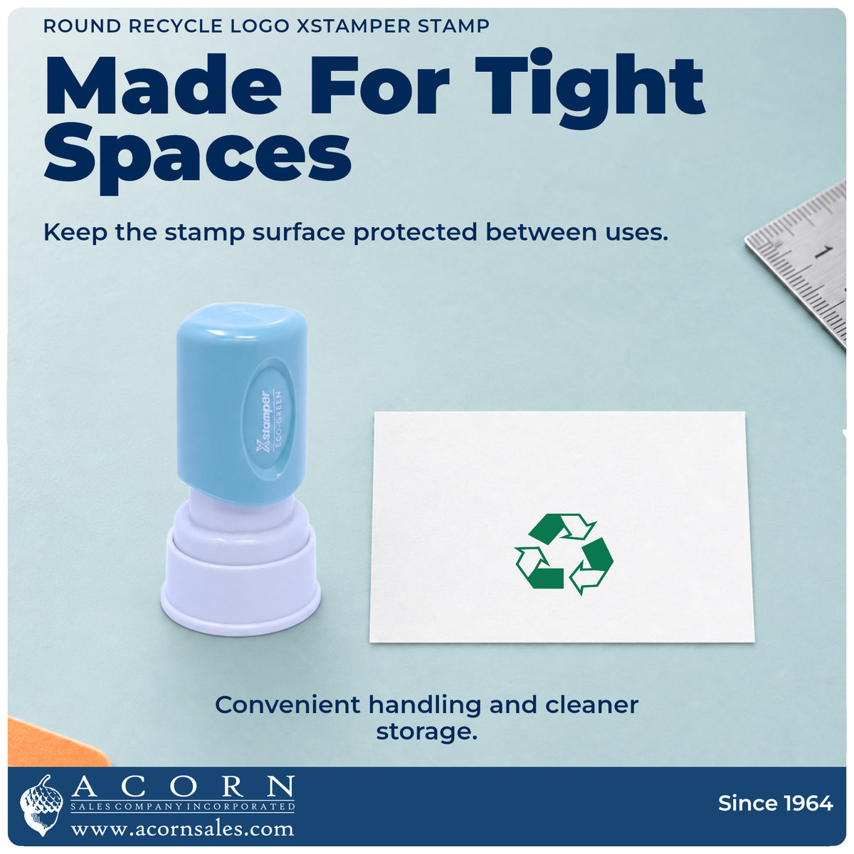 Features of the Round Recycle Logo Stamp: pre-inked Xstamper 11417, 5/8 in diameter imprint