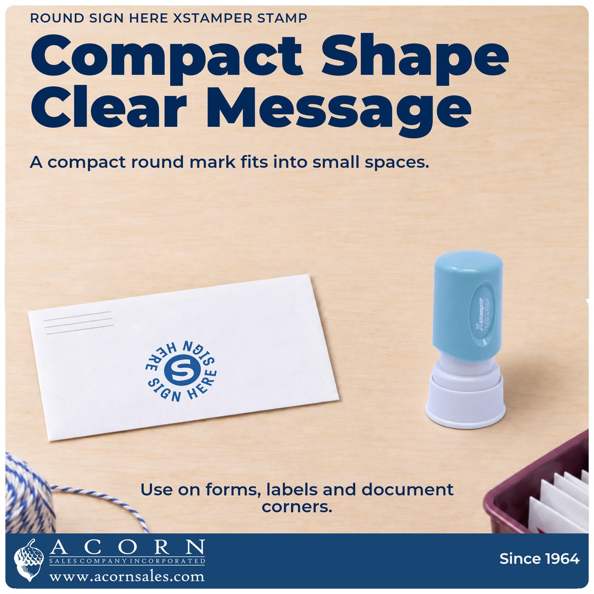 Features of the Xstamper Sign Here Stamp – Round Blue Pre-Inked: pre-inked Xstamper 11424, 5/8 in diameter imprint