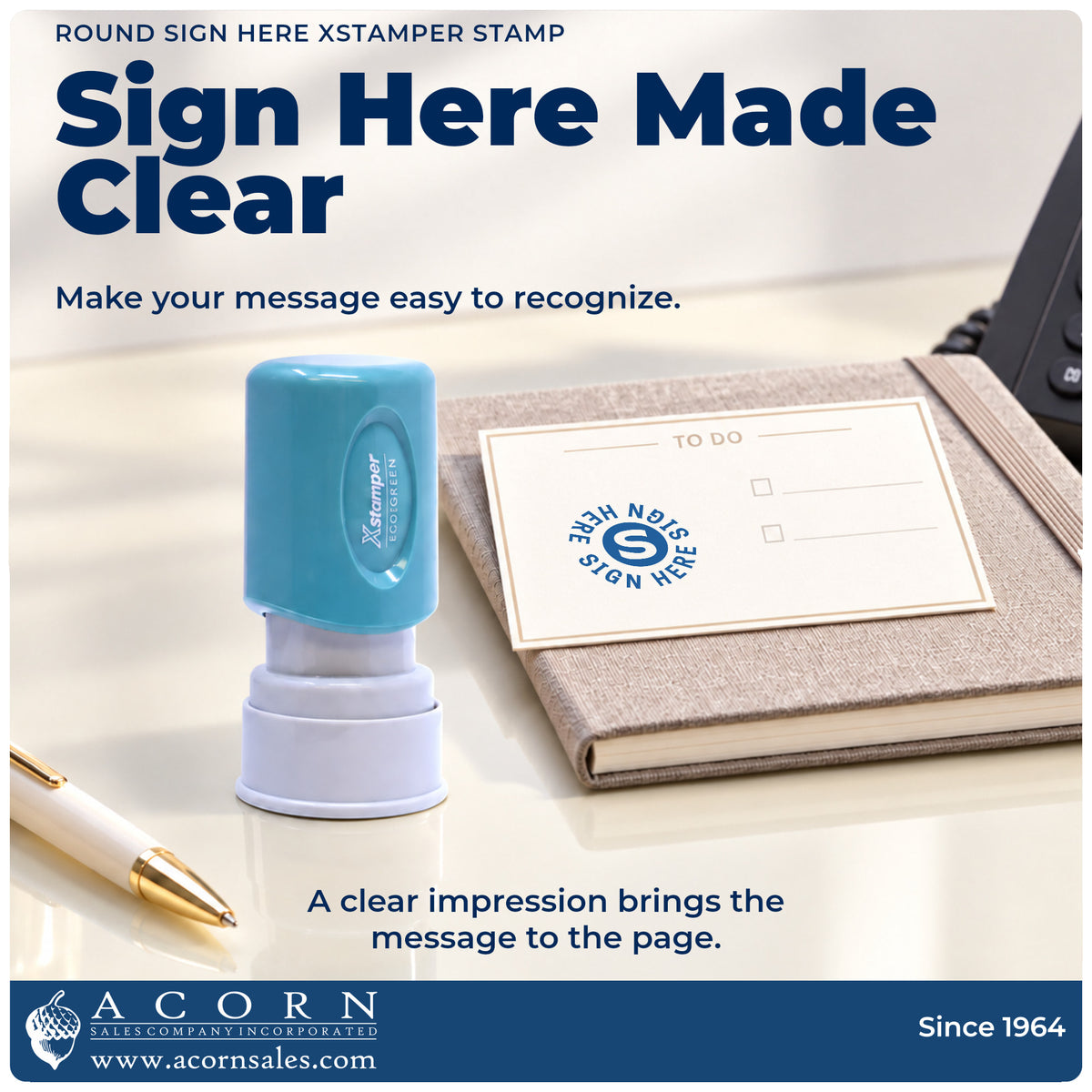 "Sign here" imprint on office paperwork beside the Xstamper Sign Here Stamp – Round Blue Pre-Inked