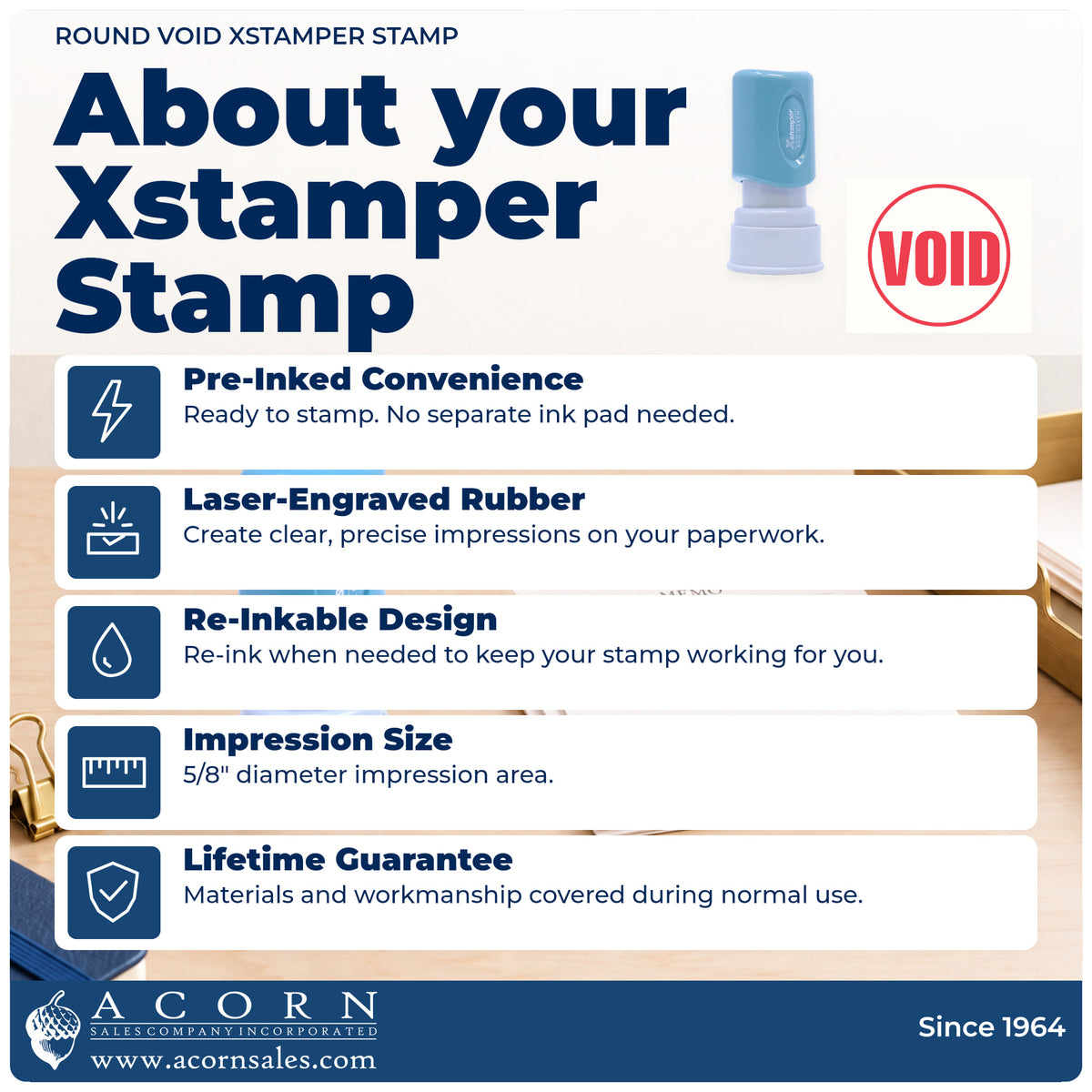 About your Round Void Document Stamp: Xstamper 11419 pre-inked stock stamp facts