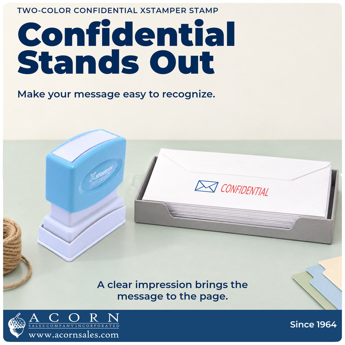 "Confidential" imprint on office paperwork beside the Two-Color Confidential Stamp