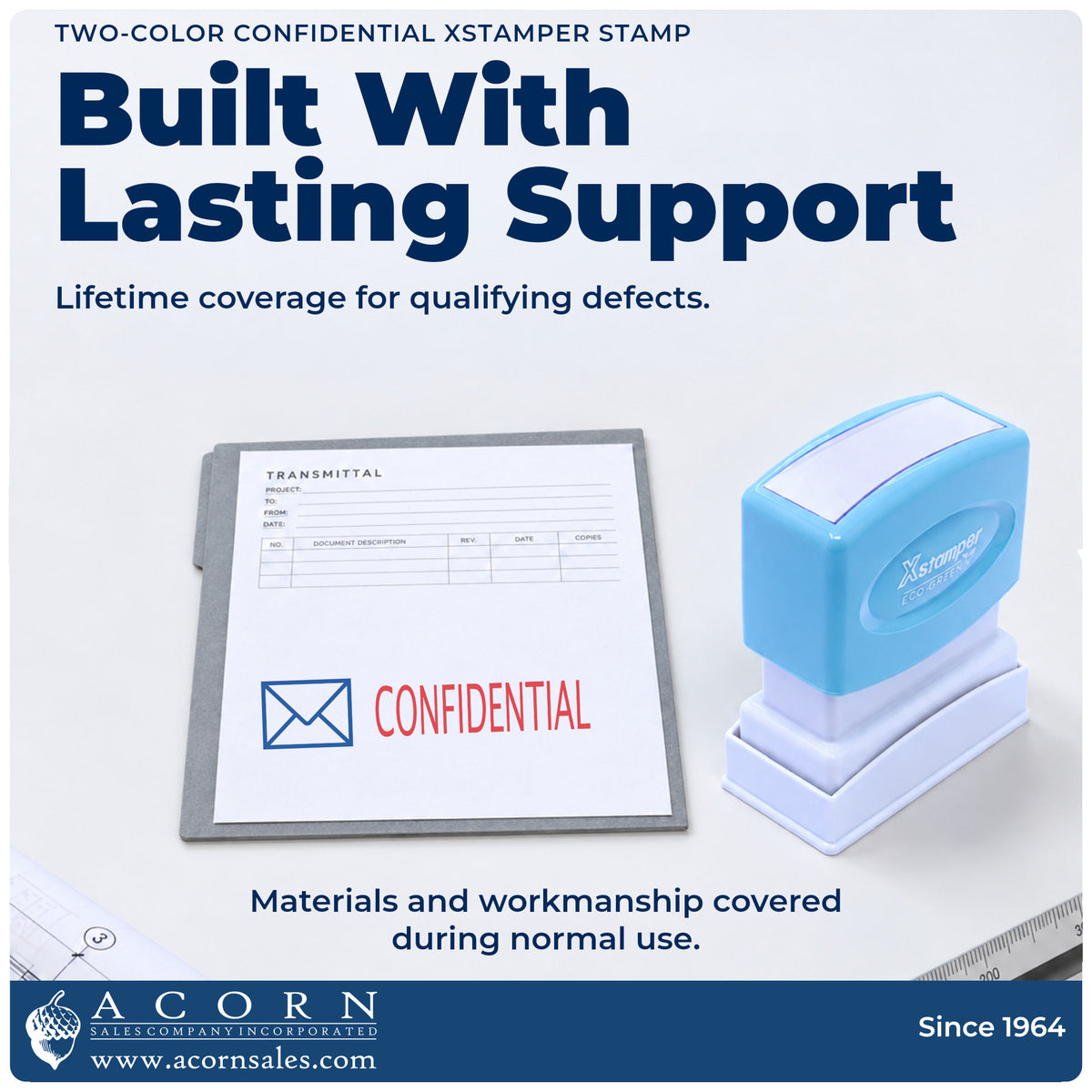 Lifetime guarantee graphic shown with the Two-Color Confidential Stamp from Acorn Sales