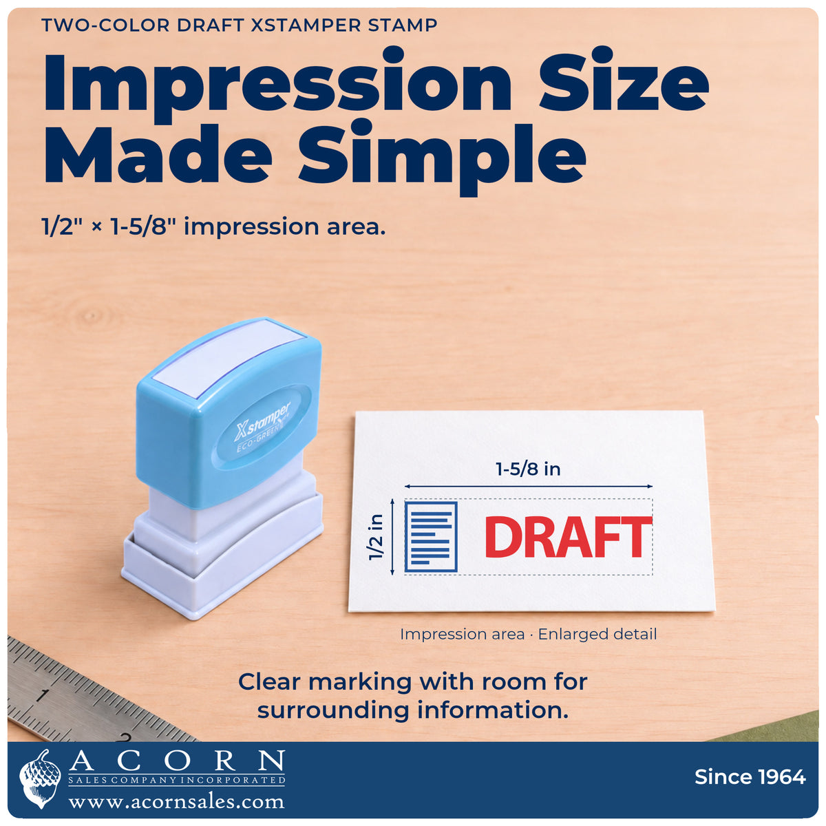 Impression size guide: the "Draft" imprint measures 1/2 x 1-5/8 in