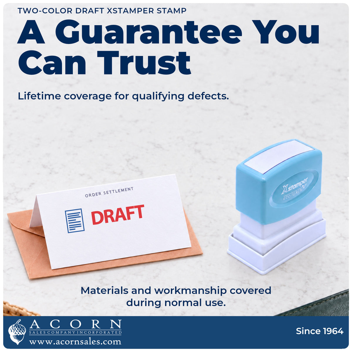 Lifetime guarantee graphic shown with the Xstamper Draft Stamp from Acorn Sales