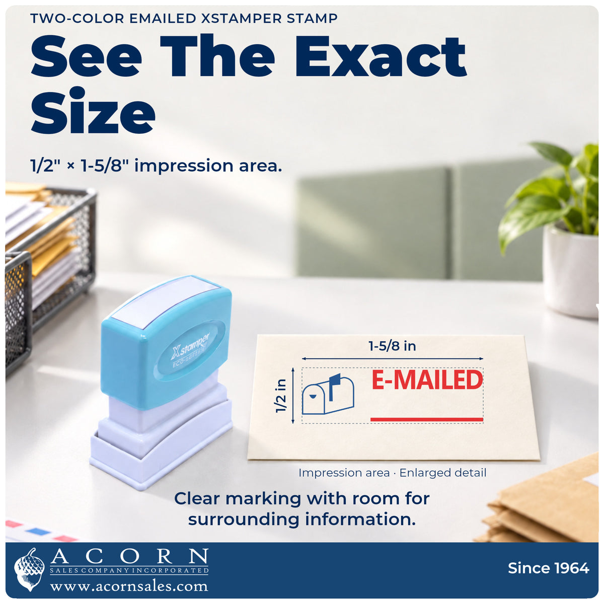 Impression size guide: the "Emailed" imprint measures 1-5/8 x 1/2 in