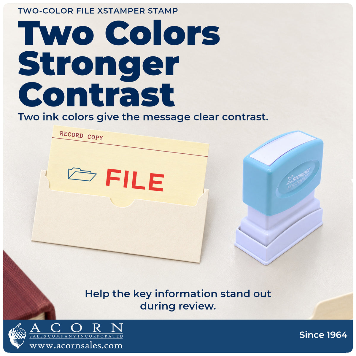 Features of the File Stamp: pre-inked Xstamper 2028, 1/2 x 1-5/8 in imprint