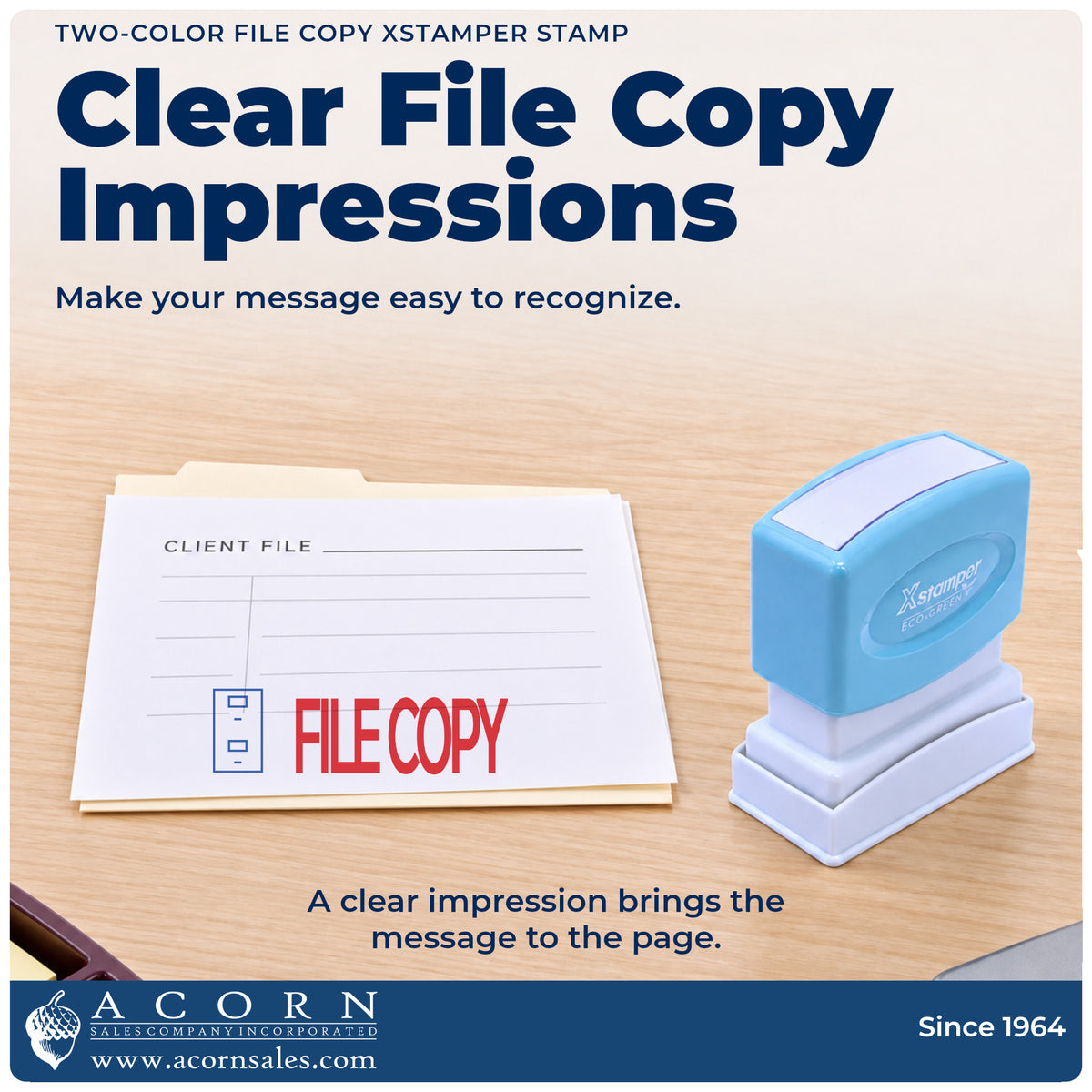 "File copy" imprint on office paperwork beside the File Copy Document Stamp