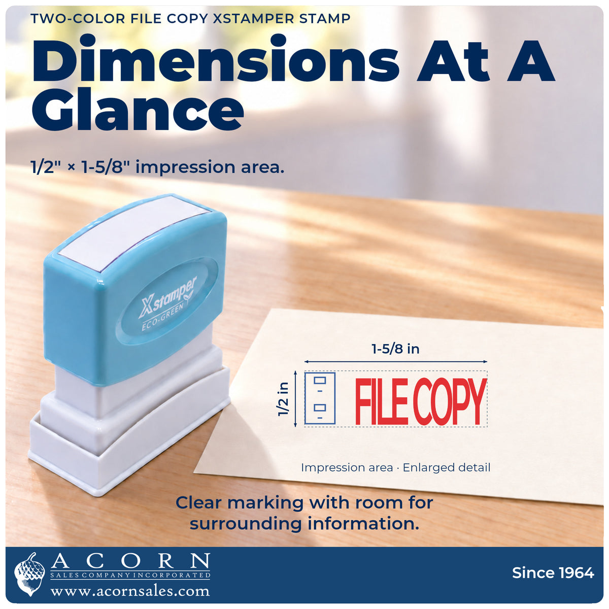 Impression size guide: the "File copy" imprint measures 1-5/8 x 1/2 in