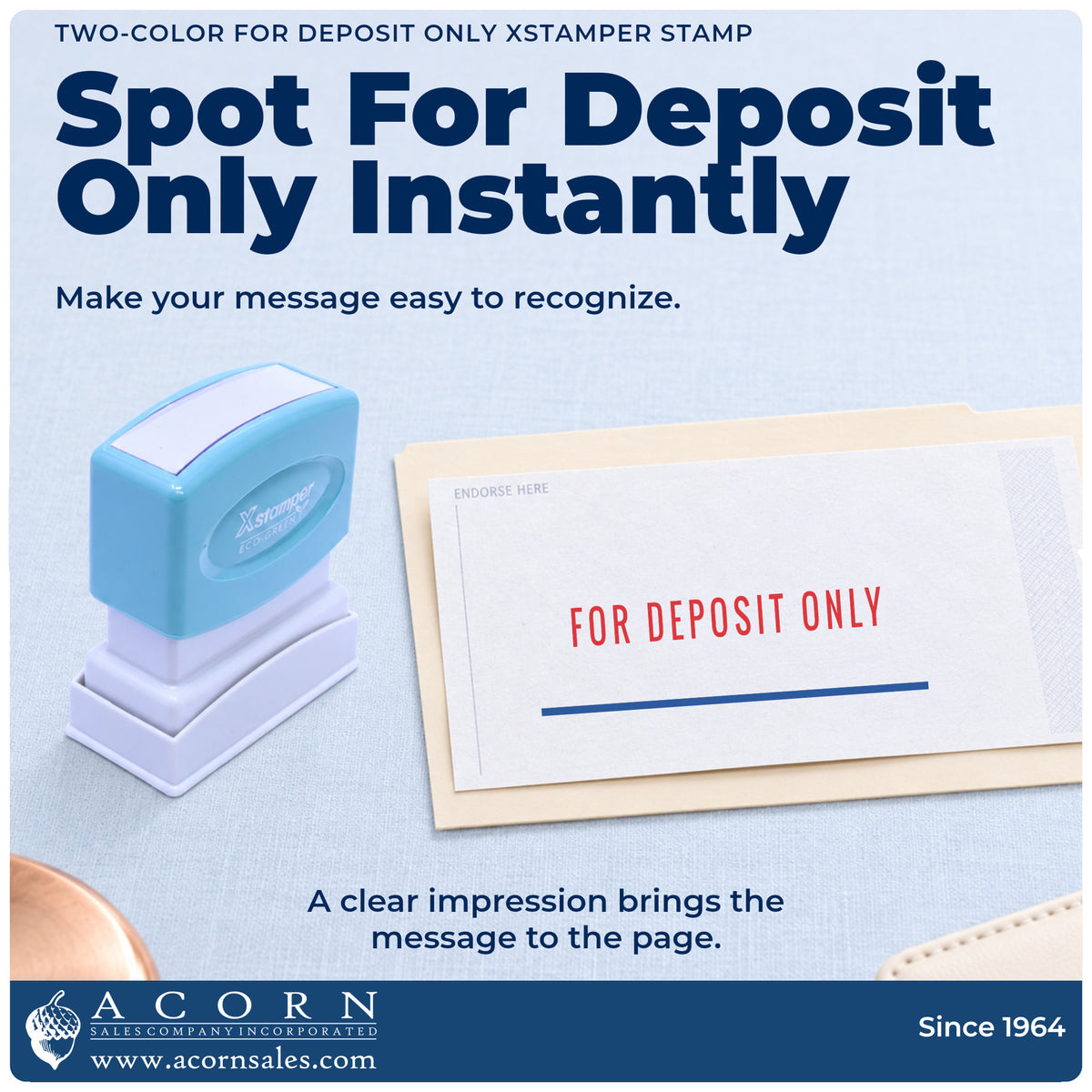 "For deposit only" imprint on office paperwork beside the For Deposit Only Stamp For Bank Deposits