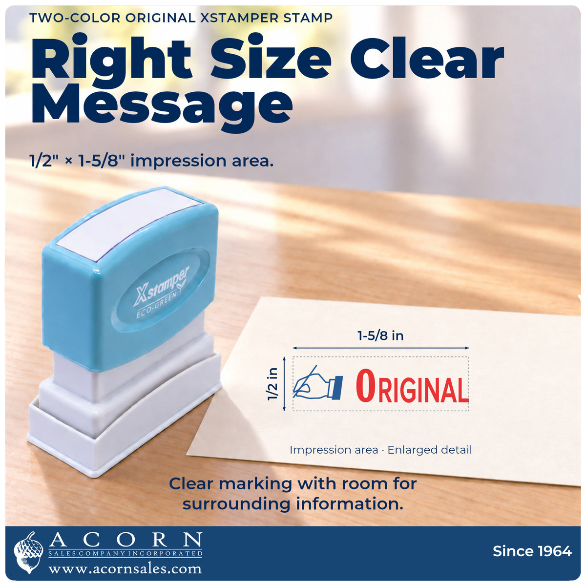 Impression size guide: the "Original" imprint measures 1-5/8 x 1/2 in