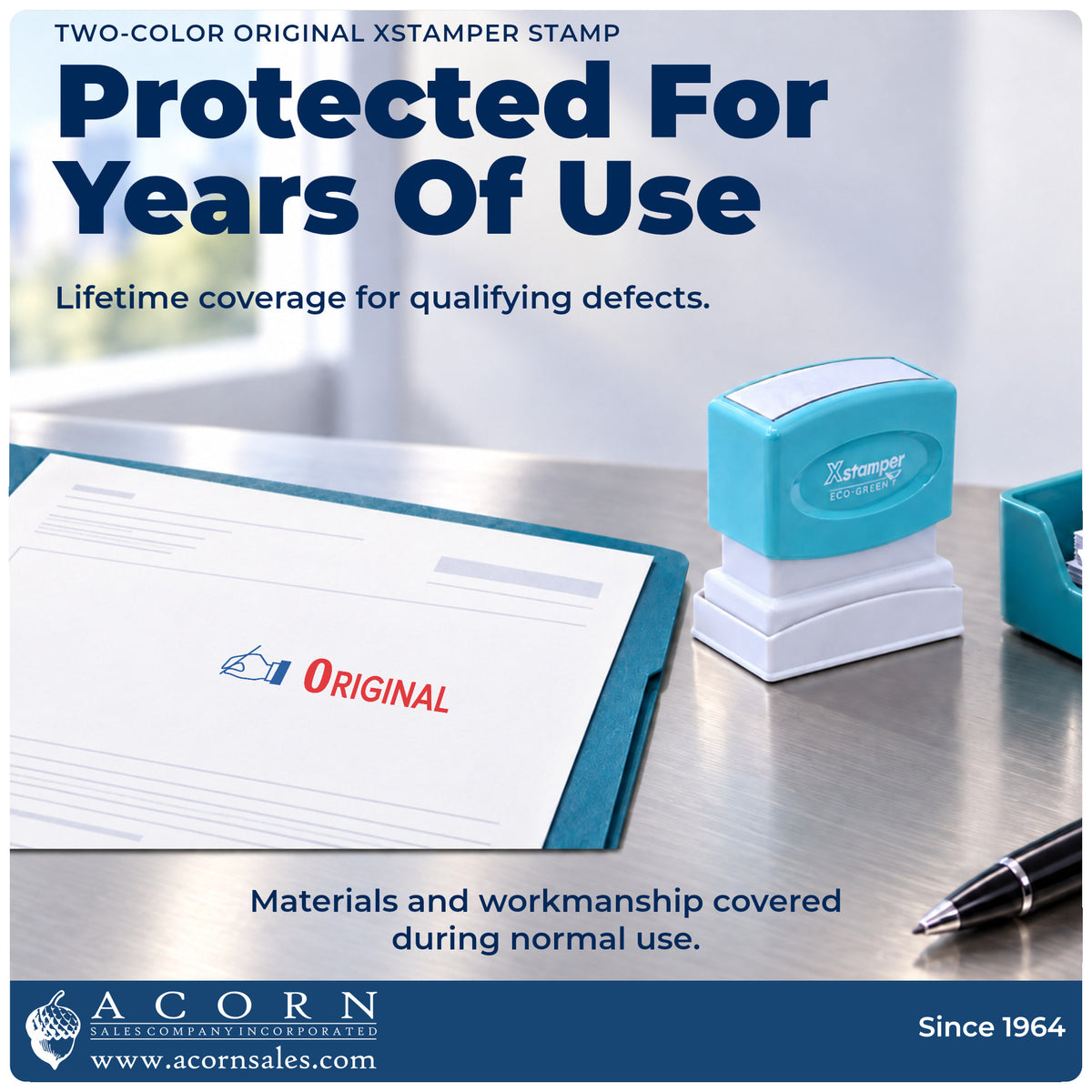 Lifetime guarantee graphic shown with the Original Stamp from Acorn Sales