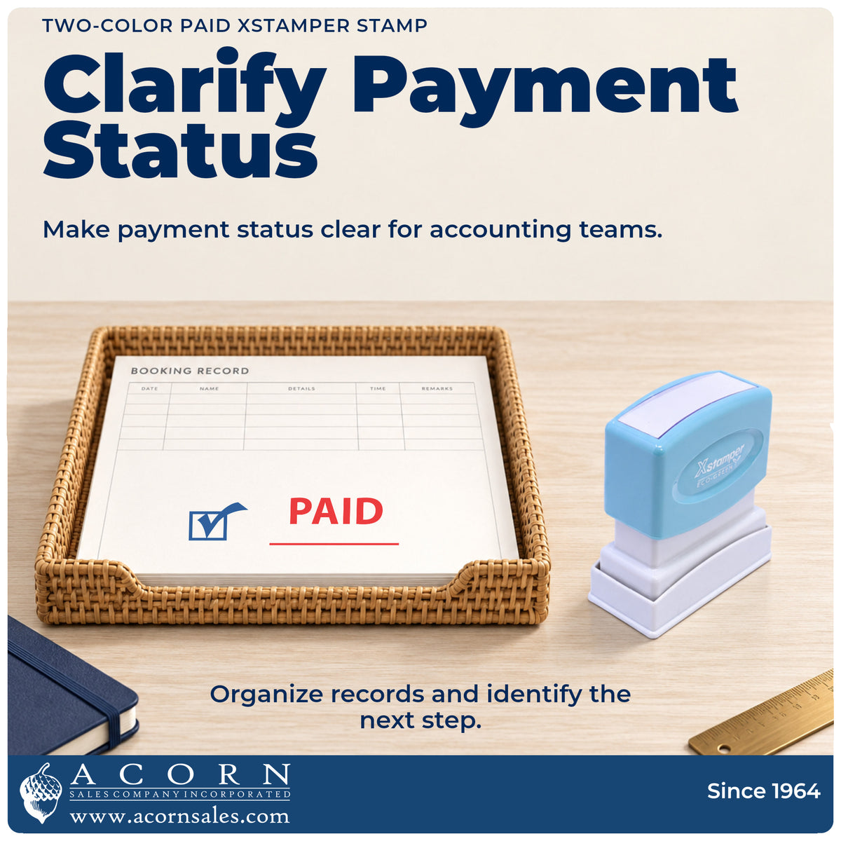 Office workflow showing where the "Paid" stamp marks documents