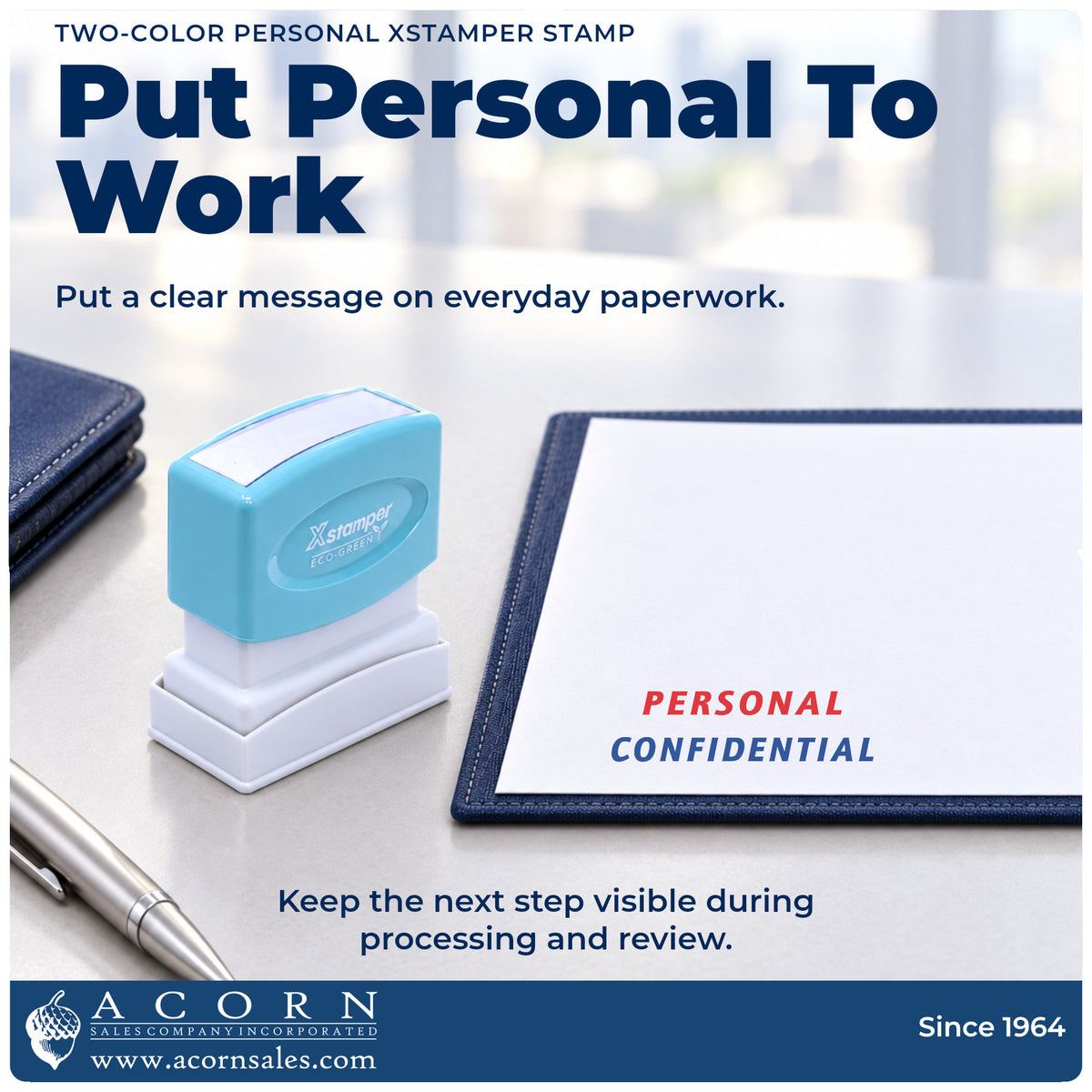 Xstamper Personal Document Stamp being pressed to leave an imprint reading "Personal"